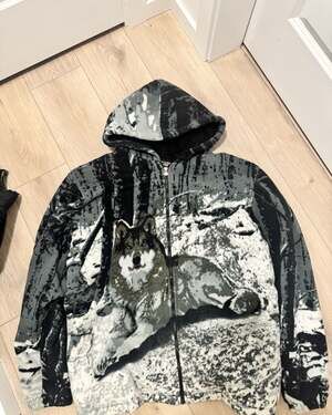 Vintage Adventure Bound Wolf Forest All Over Print Sherpa-Lined Fleece Jacket XL